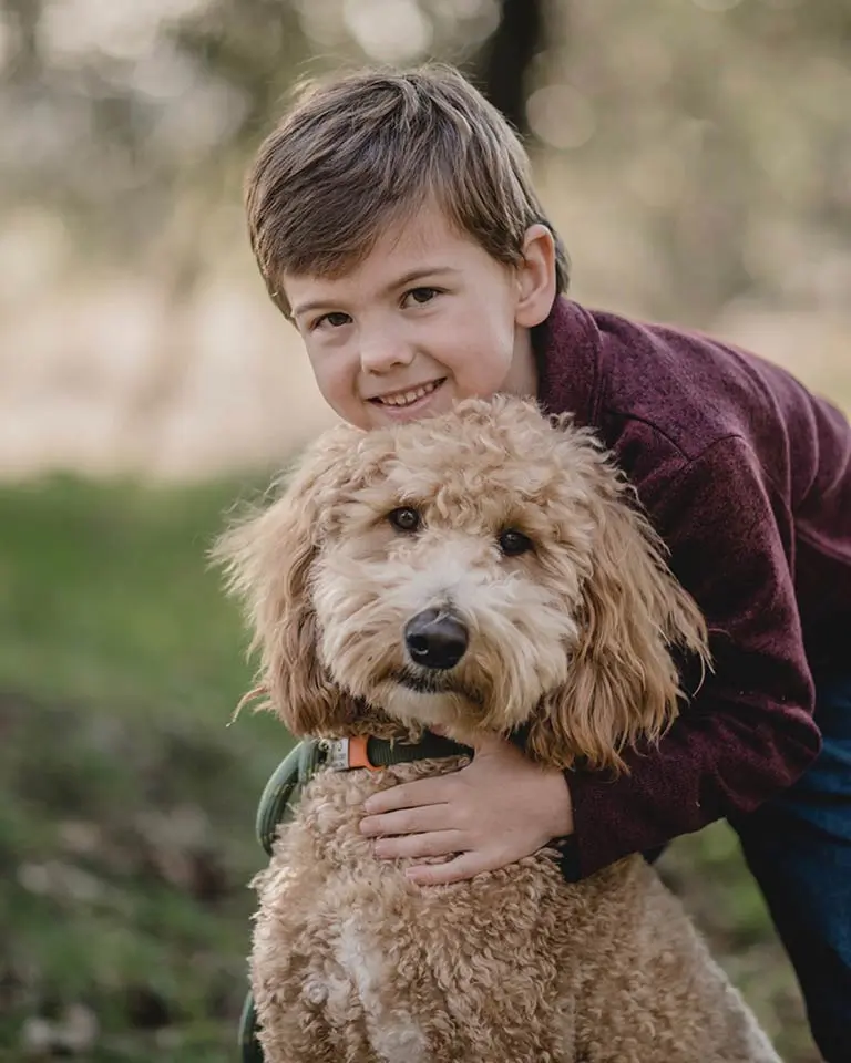 A young boy with brown hair and a maroon jacket hugs a fluffy, light brown dog outdoors. Both are looking at the camera and smiling, with greenery blurred in the background.