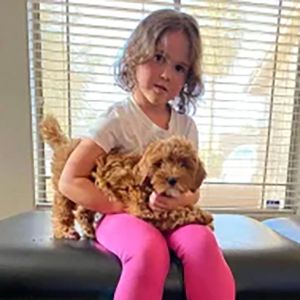 A young girl with curly hair wearing a white shirt and pink pants sits indoors on a bench, holding a small, fluffy brown Goldendoodle on her lap—perhaps ready to learn how to train a Goldendoodle. 
