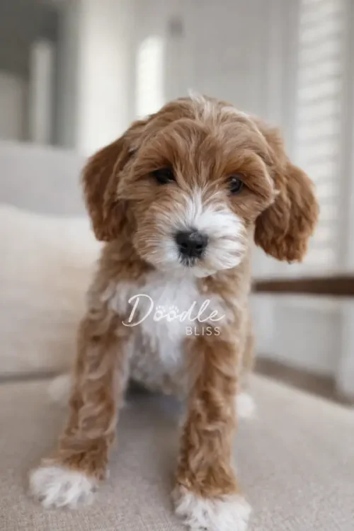 Hazel, an available mini goldendoodle puppy with curly brown and white parti fur, sits on a light-colored couch and looks at the camera. The softly blurred background creates a cozy indoor vibe.