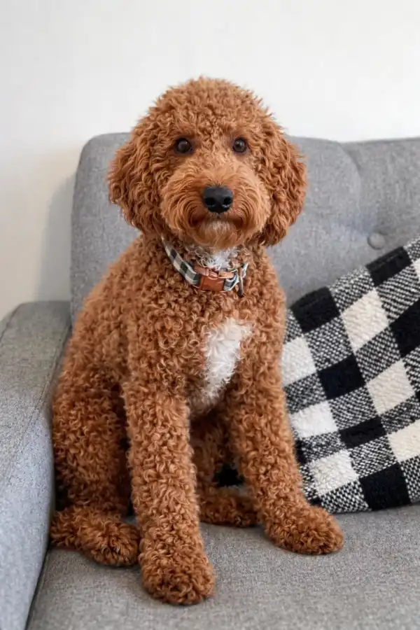 A curly-haired brown dog with a white chest sits on a gray couch next to a black and white checkered pillow, looking directly at the camera.