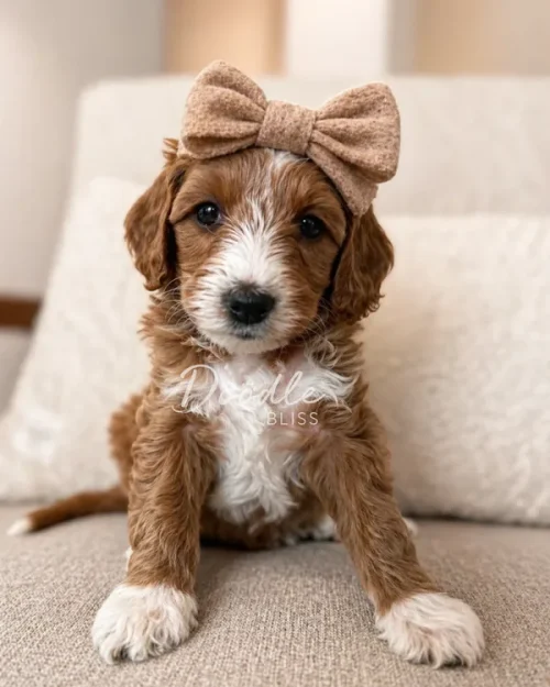 A fluffy brown and white puppy with a big beige bow on its head sits on a light-colored sofa, looking directly at the camera.