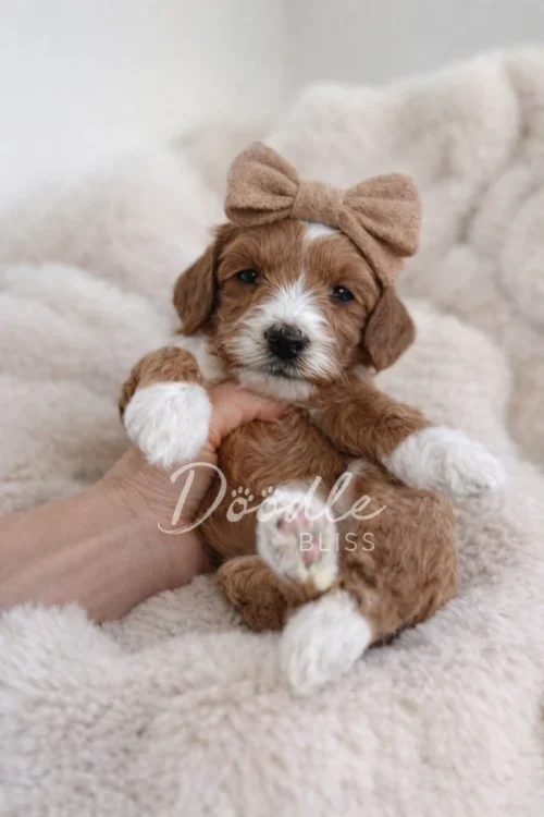 A small brown and white puppy with a fluffy coat and a large brown bow on its head is being held gently on a soft, cream-colored blanket.
