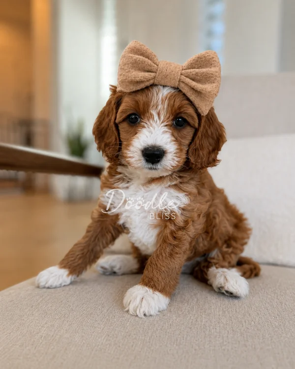 A fluffy brown and white puppy wearing a large tan bow headband sits on a light-colored chair indoors, looking at the camera.