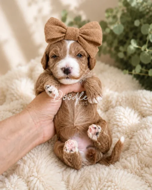 Junie, a mini goldendoodle puppy with brown and white fur and a big brown bow, is gently held upright on a fluffy cream blanket with green leafy plants in the background—perfect for families in Arizona.