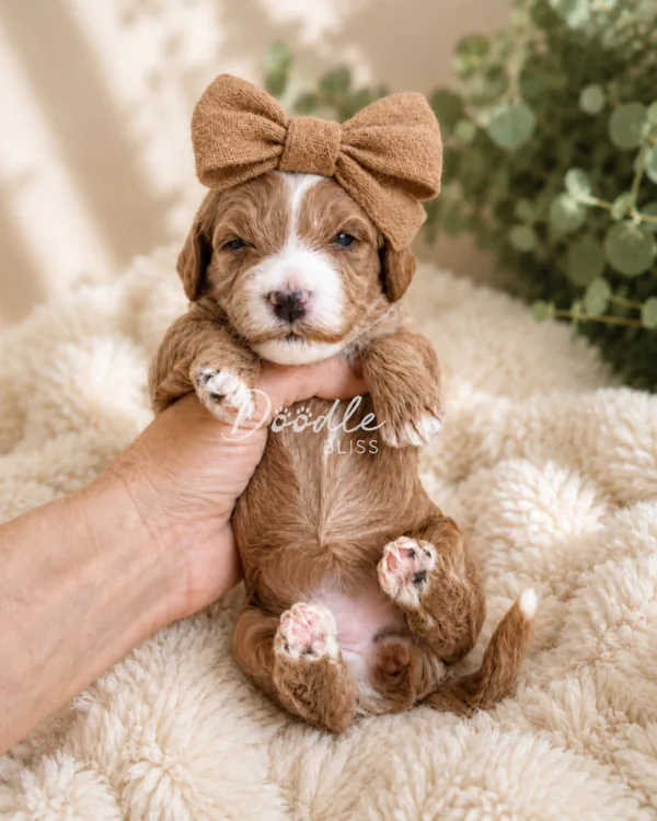 Junie, a mini goldendoodle puppy with brown and white fur and a big brown bow, is gently held upright on a fluffy cream blanket with green leafy plants in the background—perfect for families in Arizona.