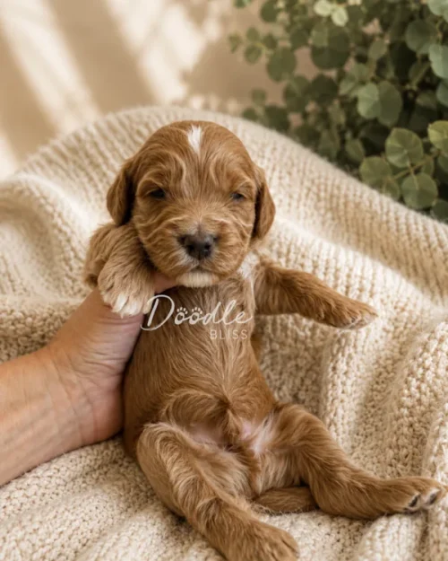 Scout, a small brown mini goldendoodle puppy with white markings, is gently held on a cream blanket with green plants in the background. The image features the Döodle Bliss in Arizona watermark.