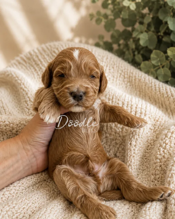 Scout, a small brown mini goldendoodle puppy with white markings, is gently held on a cream blanket with green plants in the background. The image features the Döodle Bliss in Arizona watermark.