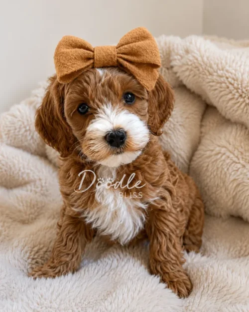A small brown and white puppy with a fluffy coat sits on a cream blanket, wearing a large brown bow on its head.