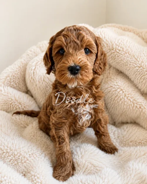 A small, curly-haired brown puppy with a white patch on its chest sits on a fluffy cream-colored blanket, looking up with big dark eyes.