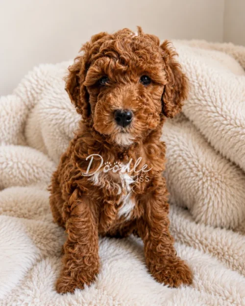 A small, curly-haired brown puppy with a white patch on its chest sits on a fluffy cream-colored blanket, looking toward the camera.