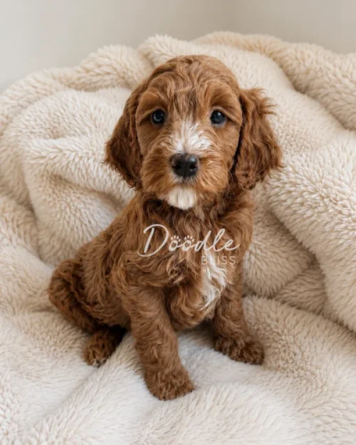 A fluffy brown puppy with white markings sits on a soft cream-colored blanket, looking up with big, dark eyes.