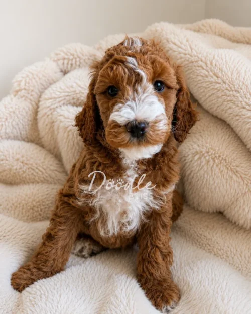 A fluffy brown and white puppy with curly fur sits on a soft cream-colored blanket, looking directly at the camera.