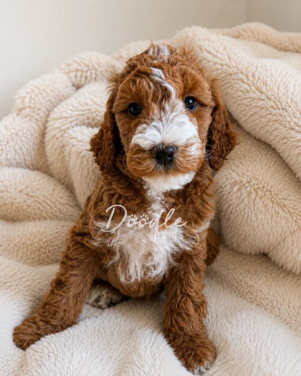 A fluffy brown and white puppy with curly fur sits on a soft cream-colored blanket, looking directly at the camera.