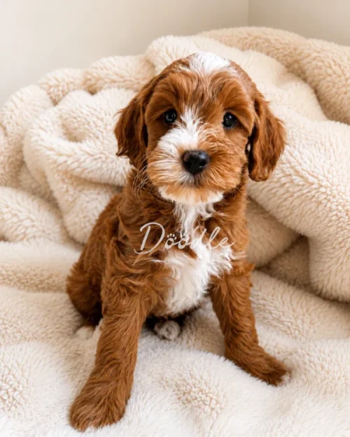 A fluffy brown and white puppy sits on a soft, cream-colored blanket, looking up with big, dark eyes and a curious expression.
