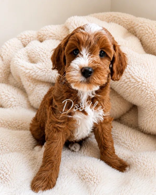 A fluffy brown and white puppy sits on a soft, cream-colored blanket, looking up with big, dark eyes and a curious expression.