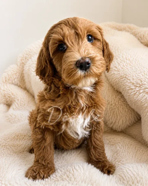A fluffy brown puppy with white markings sits on a cream-colored fuzzy blanket, looking up with big, dark eyes.