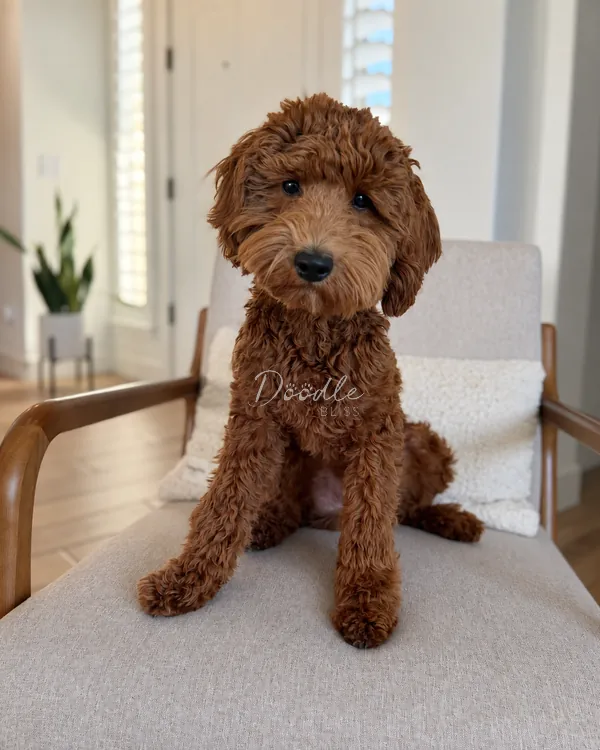 A fluffy brown dog with curly fur sits on a light-colored armchair in a modern, bright room with wood floors and a plant in the background. A fluffy brown dog with curly fur sits on a light-colored armchair in a modern, bright room with wood floors and a plant in the background.