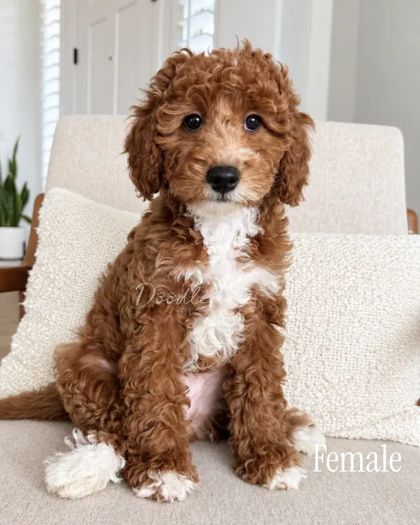 A curly brown and white female puppy sits on a light-colored chair, looking at the camera. The background features a neutral room with a plant and white shutters.